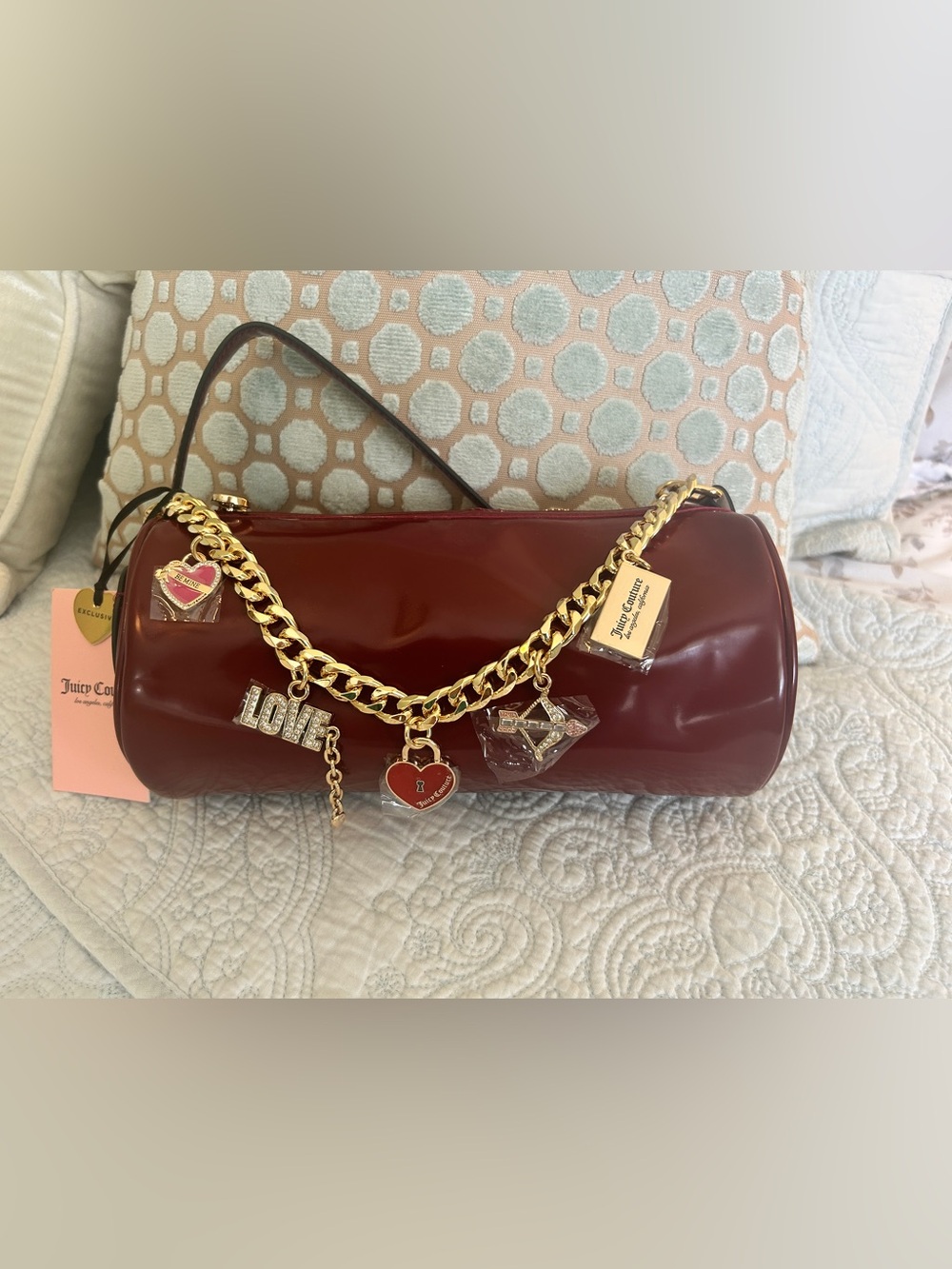 Juicy Couture Burgundy Barrel Charm Bag with Gold Chain NWT